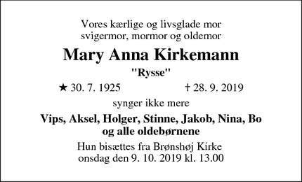 Dødsannoncen for Mary Anna Kirkemann - København