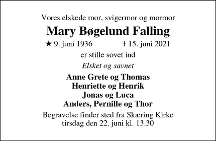 Dødsannoncen for Mary Bøgelund Falling - Skæring ved Aarhus