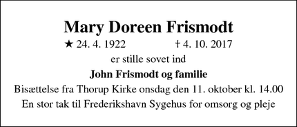 Dødsannoncen for Mary Doreen Frismodt - Skørping