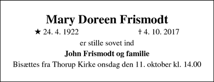 Dødsannoncen for Mary Doreen Frismodt - Skørping