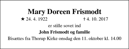 Dødsannoncen for Mary Doreen Frismodt - Skørping