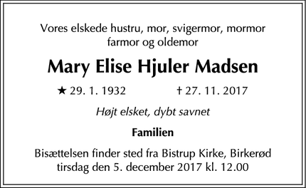 Dødsannoncen for Mary Elise Hjuler Madsen - Birkerød