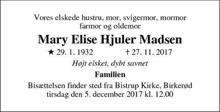 Dødsannoncen for Mary Elise Hjuler Madsen - Birkerød