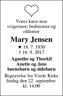 Dødsannoncen for Mary Jensen - Løgstrup