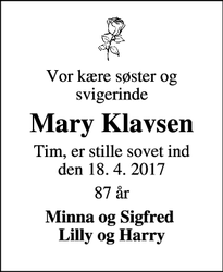 Dødsannoncen for Mary Klavsen - Tim