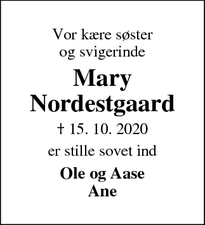 Dødsannoncen for Mary Nordestgaard - Sørvad