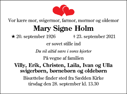 Dødsannoncen for Mary Signe Holm - Esbjerg