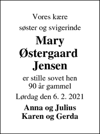 Dødsannoncen for Mary Østergaard 
Jensen - Tarm