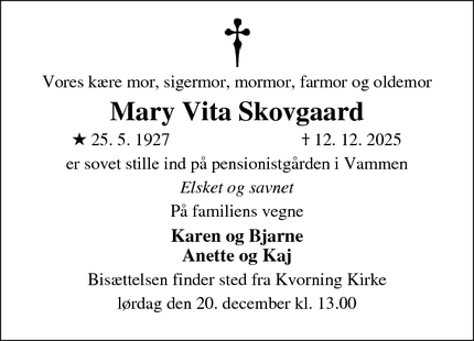 Dødsannoncen for Mary Vita Skovgaard - Kvorning 