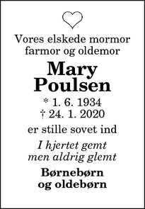 Dødsannoncen for Mary
Poulsen - Brønderslev