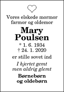 Dødsannoncen for Mary
Poulsen - Brønderslev