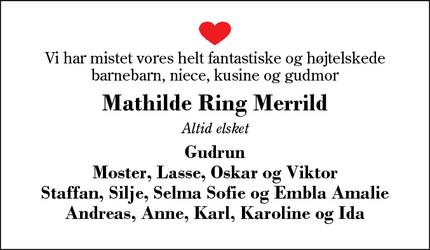Dødsannoncen for Mathilde Ring Merrild - Herning