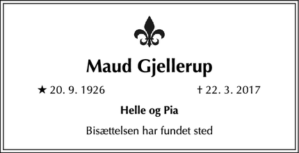Dødsannoncen for Maud Gjellerup - Frederiksberg