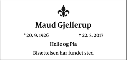 Dødsannoncen for Maud Gjellerup - Frederiksberg