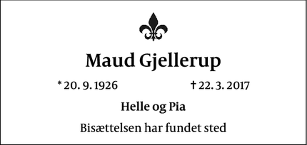 Dødsannoncen for Maud Gjellerup - Frederiksberg