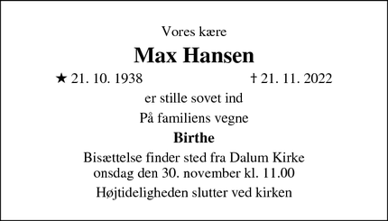 Dødsannoncen for Max Hansen - Odense S