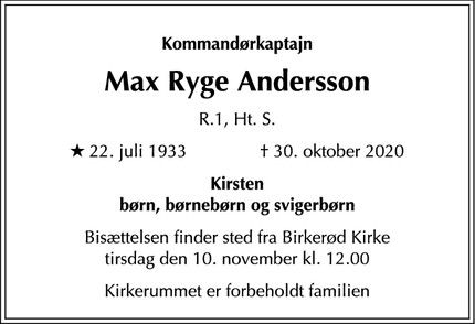 Dødsannoncen for Max Ryge Andersson - Birkerød