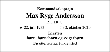 Dødsannoncen for Max Ryge Andersson - Birkerød