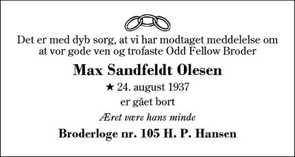 Dødsannoncen for Max Sandfeldt Olesen - Hammerum