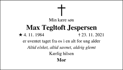 Dødsannoncen for Max Tegltoft Jespersen - Holbøl