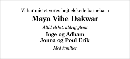 Dødsannoncen for Maya Vibe Dakwar - Esbjerg
