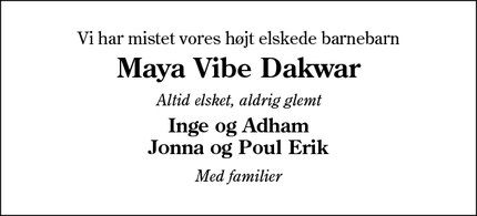 Dødsannoncen for Maya Vibe Dakwar - Esbjerg