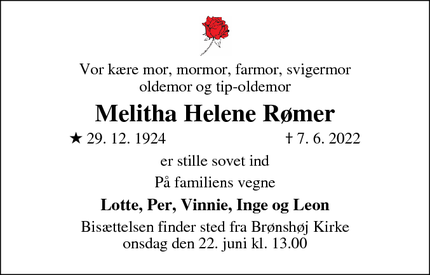 Dødsannoncen for Melitha Helene Rømer - Brønshøj