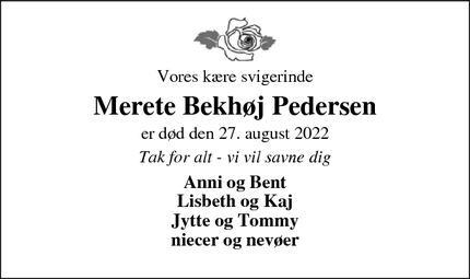 Dødsannoncen for Merete Bekhøj Pedersen - Vinderup