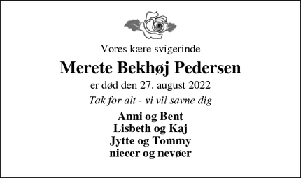 Dødsannoncen for Merete Bekhøj Pedersen - Vinderup