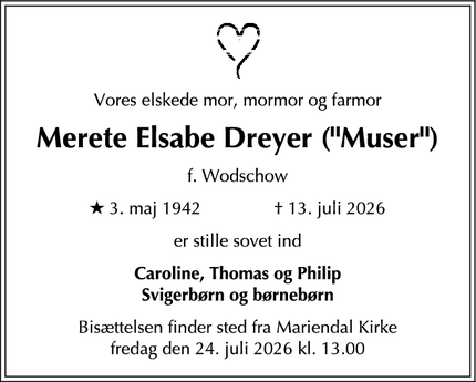 Dødsannoncen for Merete Elsabe Dreyer ("Muser") - Birkerød