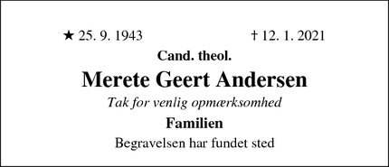 Dødsannoncen for Merete Geert Andersen - Hellerup