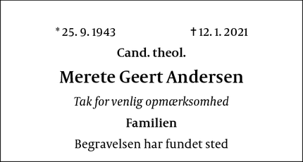 Dødsannoncen for Merete Geert Andersen - Hellerup