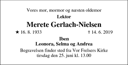 Dødsannoncen for Merete Gerlach-Nielsen - København