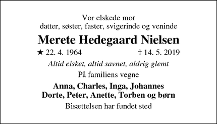 Dødsannoncen for Merete Hedegaard Nielsen - København