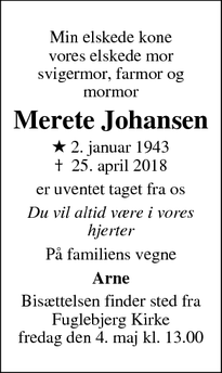 Dødsannoncen for Merete Johansen - Fuglebjerg