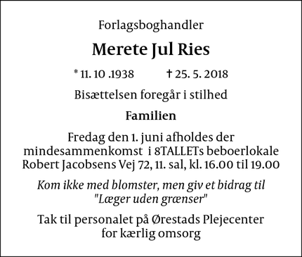 Dødsannoncen for Merete Jul Ries - København S