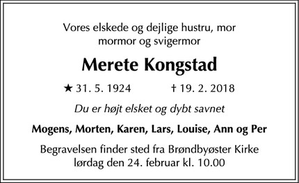 Dødsannoncen for Merete Kongstad - Brøndby