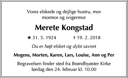 Dødsannoncen for Merete Kongstad - Brøndby