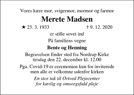 Dødsannoncen for Merete Madsen - Ringsted
