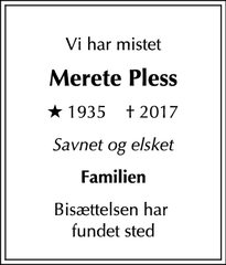 Dødsannoncen for Merete Pless - København