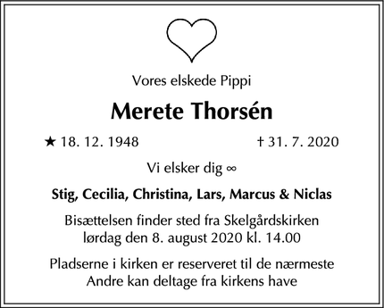Dødsannoncen for Merete Thorsén - Kbh. S.