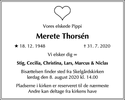 Dødsannoncen for Merete Thorsén - Kbh. S.