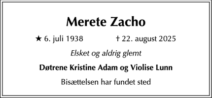 Dødsannoncen for Merete Zacho - Klampenborg
