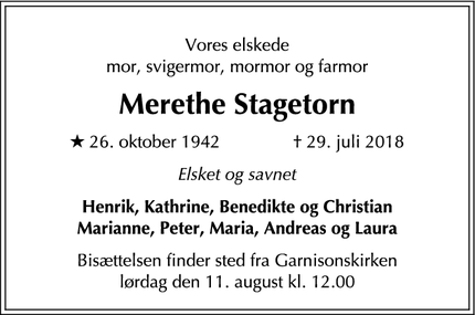 Dødsannoncen for Merethe Stagetorn - København