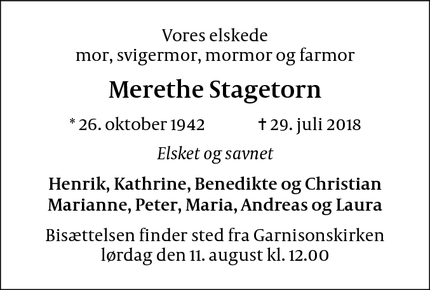 Dødsannoncen for Merethe Stagetorn - København