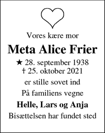 Dødsannoncen for Meta Alice Frier - Frederikssund