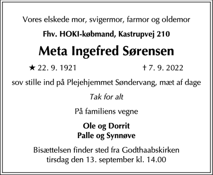 Dødsannoncen for Meta Ingefred Sørensen - Frederiksberg