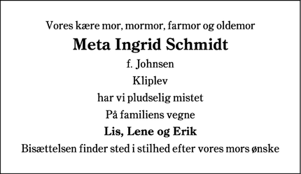Dødsannoncen for Meta Ingrid Schmidt - Kliplev