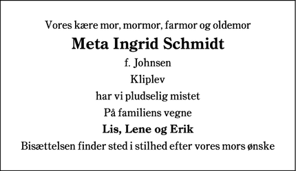 Dødsannoncen for Meta Ingrid Schmidt - Kliplev