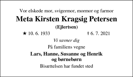 Dødsannoncen for Meta Kirsten Kragsig Petersen - Frederiksberg